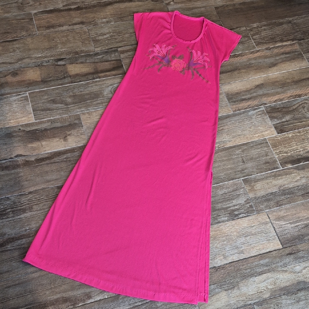 Vintage Subtle Glittery Floral Design Cap Sleeve Lounging Maxi Dress, Small - Picture 1 of 15